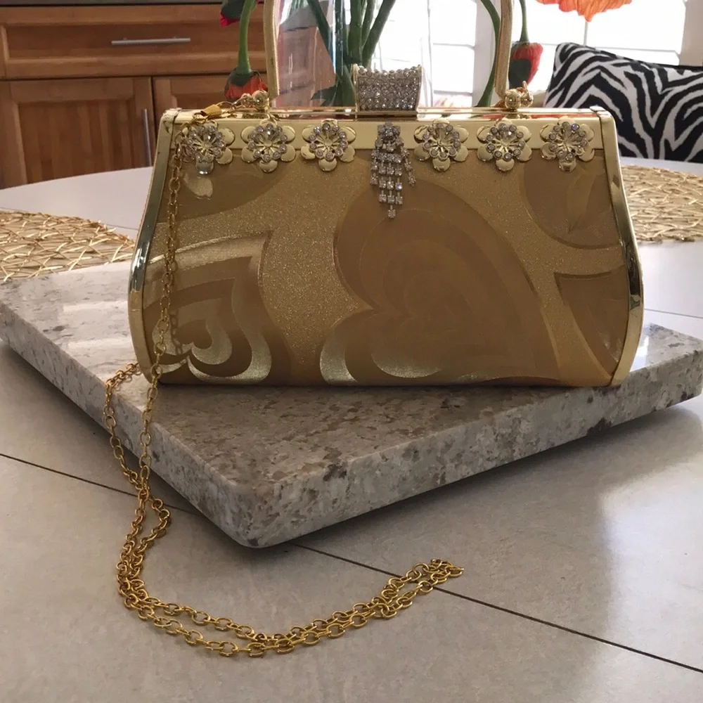 Gold Floral-Embellished Evening Clutch